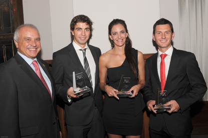 FIH President Leandro Negre, Tobias Hauke (Germany), Luciana Aymar (Argentina) and Jamie Dwyer (Australia)