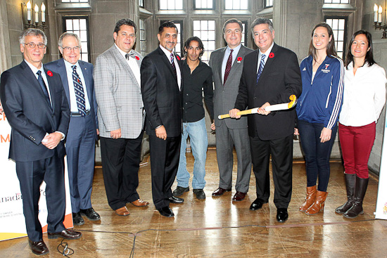 Left to Right: Ira Jacobs, Dean of the Faculty of Kinesiology and Physical Education, Bruce Kidd, Olympian and Warden of Hart House, Mark Grimes, City of Toronto Councillor and Chairman of the City's Pan Am Games Secretariat, Bal Gosal, Minister of State (Sport), Ken Pereira, Field Hockey Olympian, Ian Troop, CEO of TO2015, Charles Sousa, Ontario Minister Responsible for the Pan Am/Parapan Am Games, Katarina Vulic, University of Toronto student and Emily Rix, Field Hockey Athlete